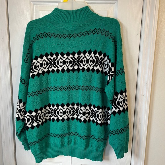 Vintage 90s Teal Fair Isle Knit Sweater USA Grandpa Core Cottagecore L - Picture 11 of 12